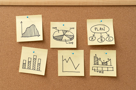 Different business graph charts on yellow sticky notes for business planning review or marketing...
