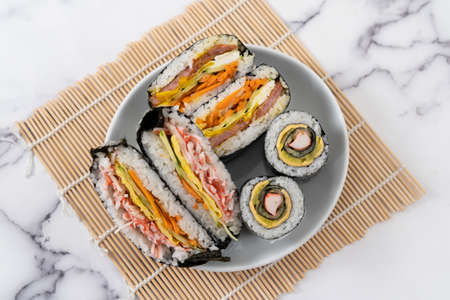 Korean and Japanese style sushi kimbap wrapsの写真素材