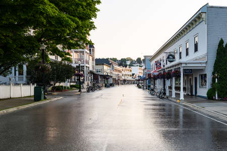 Mackinac island Michigan main street in the early morning after rainのeditorial素材
