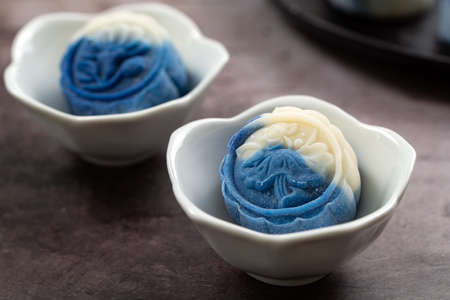 Blue white snow skin moon cake, a kind of traditional Chinese snack for mid autumn festivalの写真素材