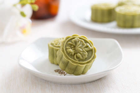 Matcha green tea mooncake, a kind of traditional Chinese snack for mid autumn festival