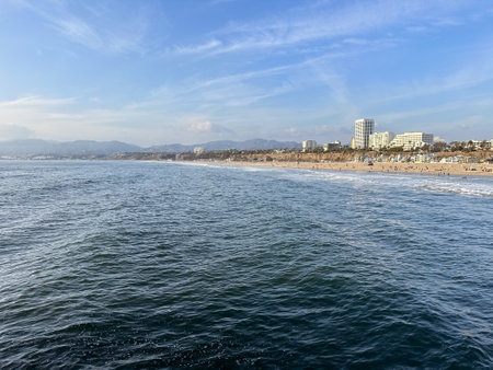 Los Angeles, California, USA - Dec 28 2022 : View of Santa Monica Pier with beach and ferris wheelのeditorial素材