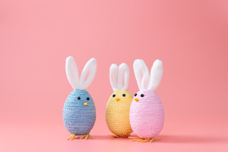 Pastel colored handmade easter bunny decorations lined up on pink background