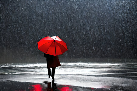 Man walks on quiet street with a red umbrella during raining day at night for calm, lonely or peaceful concept. AI generativeの写真素材