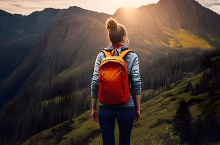 Back portrait of a young woman backpacker hiking to mountain, enjoy the view at green mountain peak. Generative AIの素材