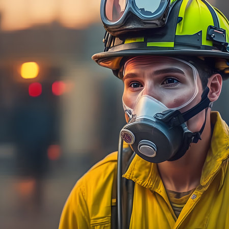 Portrait of firefighter wearing oxygen mask in smoke and blaze, AI generativeの素材