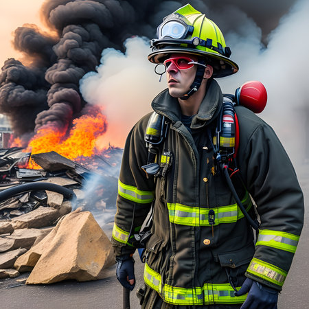 Portrait of firefighter wearing oxygen mask in smoke and blaze, AI generativeの素材
