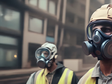 Portrait of firefighter wearing oxygen mask in smoke and blaze, AI generativeの素材