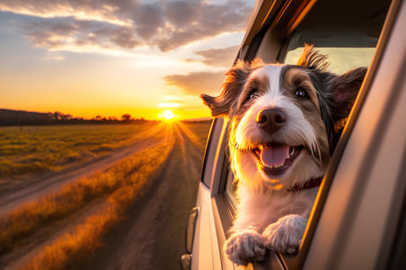Happy dog on road trip, riding in car and looking out from car window. Generative AIの素材