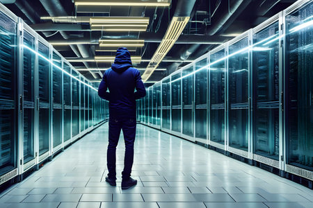 Hacker in hoodie with laptop in data server center for internet and online safety concept. Generative AIの素材