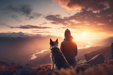 Silhouette of a young man with his dog at dawn on high mountain during sunset. Generative AIの素材