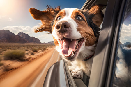 Happy dog on road trip, riding in car and looking out from car window. Generative AIの素材