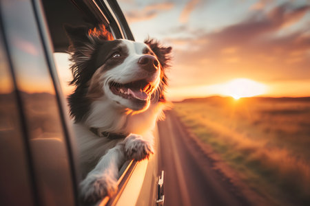Happy dog on road trip, riding in car and looking out from car window. Generative AIの素材