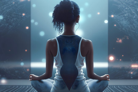 Calm of wellness young africa american woman breathing and meditate yoga in lotus pose. Generative AIの素材