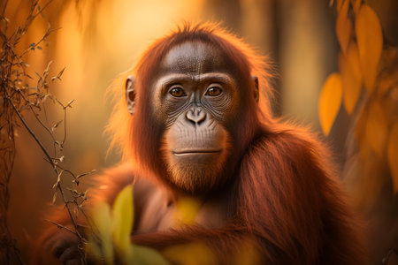 Portrait of an orang utan in rainforest of Borneo island at sunset. Generative AIの素材