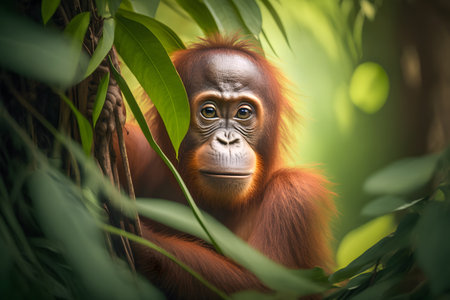 Portrait of an orang utan in rainforest of Borneo island. Generative AIの素材