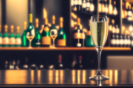 Elegant champagne glass placed on table for celebration and event, AI generativeの素材