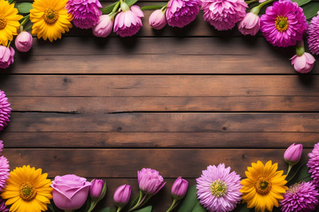 Spring garden flowers on wooden table in frame background, flat lay or top view, space for text. Generative AIの素材