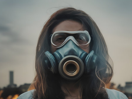 Woman wearing protective oxygen mask in pandemic, Generative AIの素材
