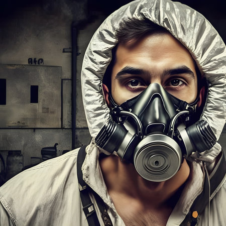 Man wearing protective oxygen mask in pandemic, Generative AIの素材