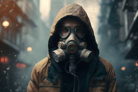 Man wearing protective oxygen mask in pandemic, Generative AIの素材
