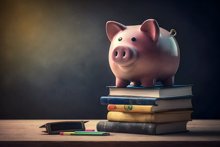 Pink Piggy bank on top of books with chalkboard in the background as concept of the costs of education. Generative AIの素材