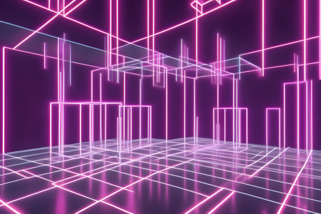 Neon pink laser beams filled in black room, Generative AIの素材
