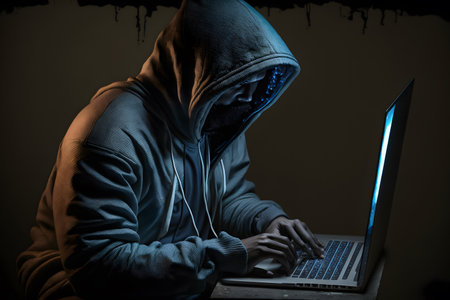 Hacker in hoodie with laptop in data server center for internet and online safety concept. Generative AIの素材
