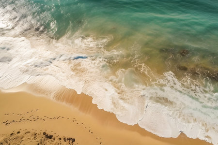 Top down aerial view of beach with waves crashing into the sand during day time. Generative AIの素材