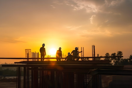 Silhouette of engineer and construction workers at building site during evening sunset time. Generative AIの素材