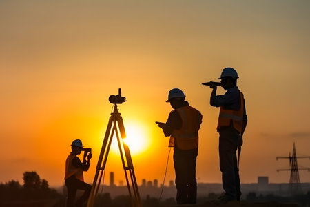 Silhouette of engineer and construction workers at building site during evening sunset time. Generative AIの素材