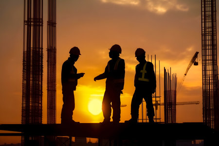 Silhouette of engineer and construction workers at building site during evening sunset time. Generative AIの素材