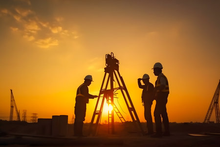 Silhouette of engineer and construction workers at building site during evening sunset time. Generative AIの素材