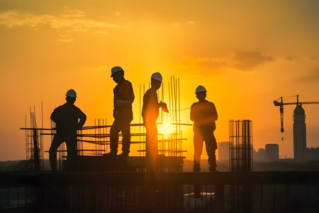 Silhouette of engineer and construction workers at building site during evening sunset time. Generative AIの素材