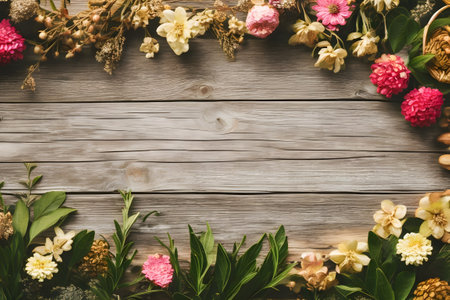 Mother's day background design of spring garden flowers on wooden table in frame background, flat lay or top view, space for text. Generative AIの素材