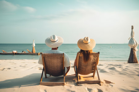 Happy couple sitting on the beach enjoy sun bathing during summer vacations. Generative AIの素材