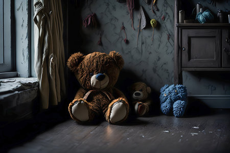 Worn teddy bear in an abandoned messy room indicating child abuse, missing, and loneliness concept. Generative AIの素材