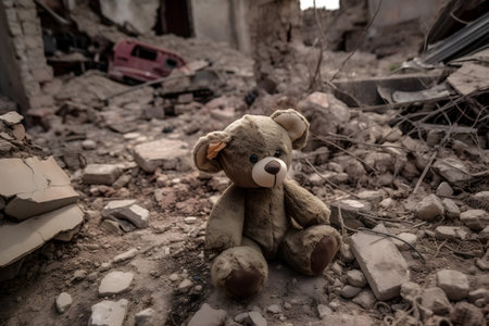 Worn teddy bear in the abandoned building at war zone for children victim or suffering. Generative AIの素材