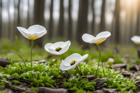 Small wild white flowers blooming on forest grounds at daytime. Generative AIの素材