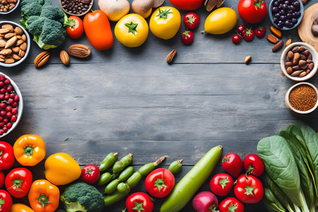 Flat lay composition assortment of fresh vegetables and fruits on wooden table, top view, space for text. Generative AIの素材