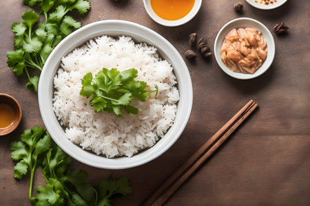Large bowl of delicious white rice with multiple side dishes, Generative AIの素材