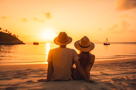 Happy couple sitting on the beach enjoy luxury sunset during summer vacations. Generative AIの素材