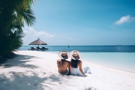 Happy couple sitting on the beach enjoy sun bathing during summer vacations. Generative AIの素材
