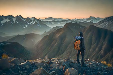 Back portrait of a young woman backpacker hiking to snow mountain, enjoy the view at mountain peak. Generative AIの素材