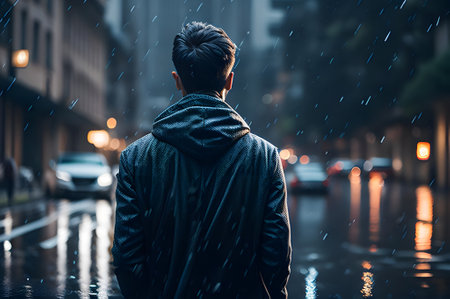 Portrait of the back of a man walking alone in street at night during raining day. Generative AIの素材