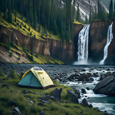Yellow and blue tent set up by beautiful waterfall in park, Generative AIの素材