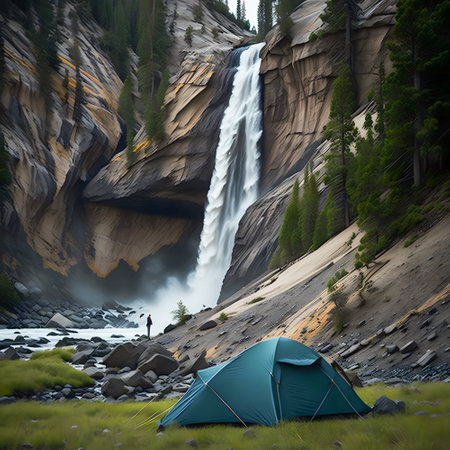 Blue tent set up by beautiful waterfall in park, Generative AIの素材