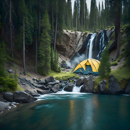 Yellow and blue tent set up by beautiful waterfall in park, Generative AIの素材
