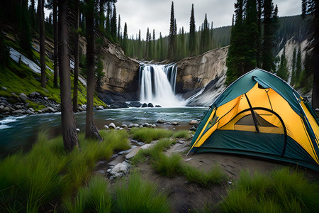 Yellow and blue tent set up by beautiful waterfall in park, Generative AIの素材