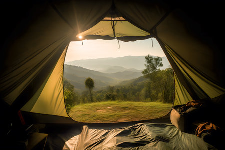 View from inside of hikers tourist tent in mountains in the morning. Generative AIの素材